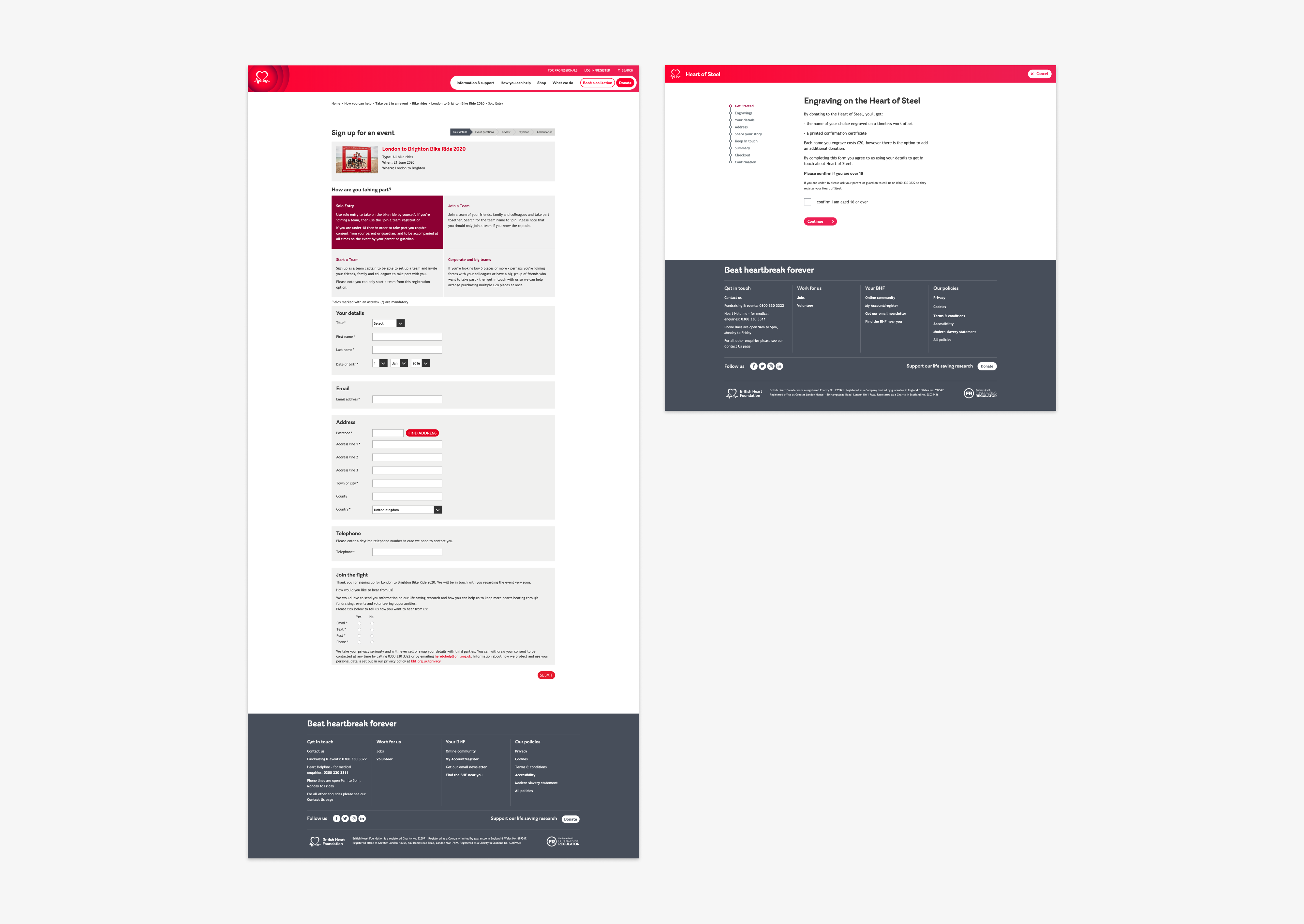 Original and redesigned forms — event sign up and Heart of Steel donation form