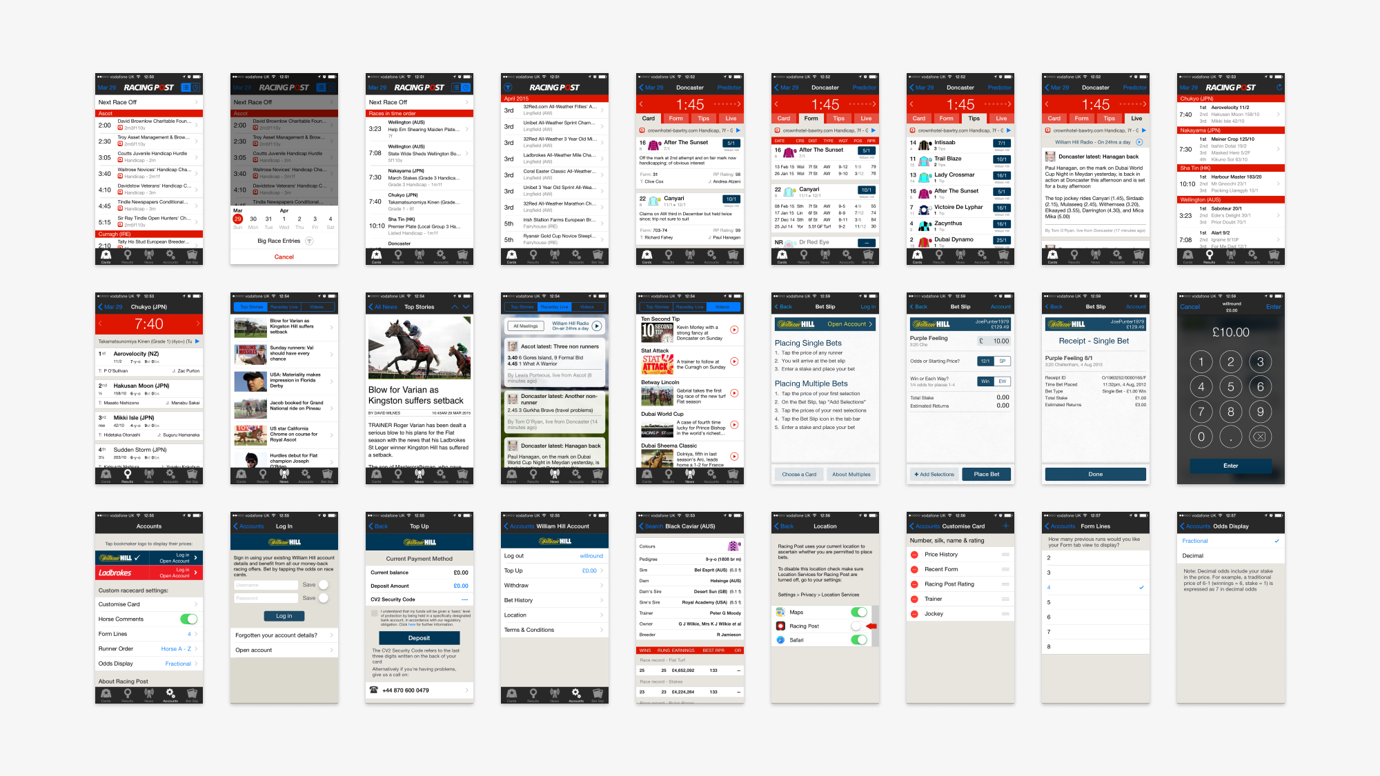 Grid of over 100 individual page designs created for the app