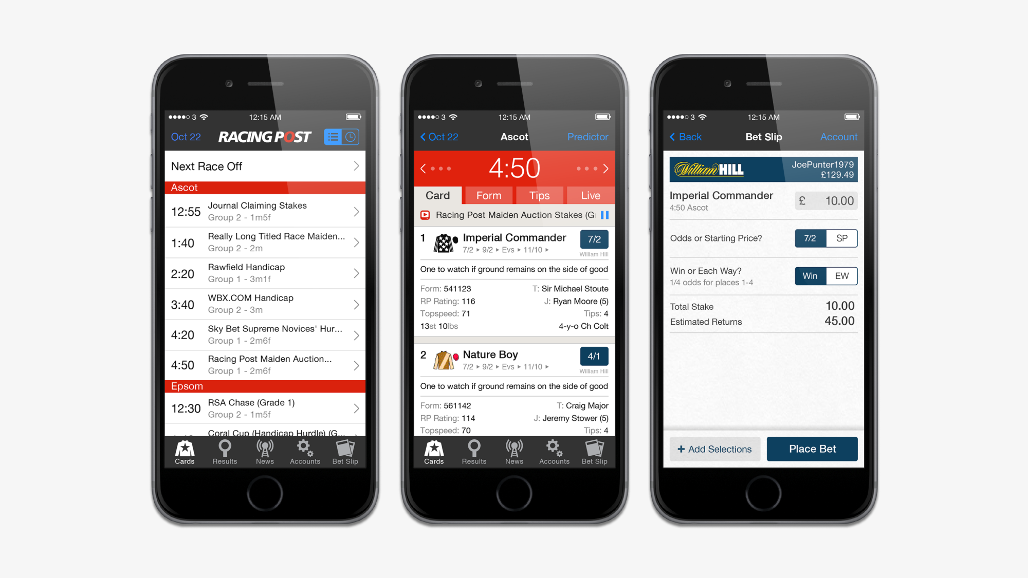 Early iPhone app screens — race list, card and bet slip