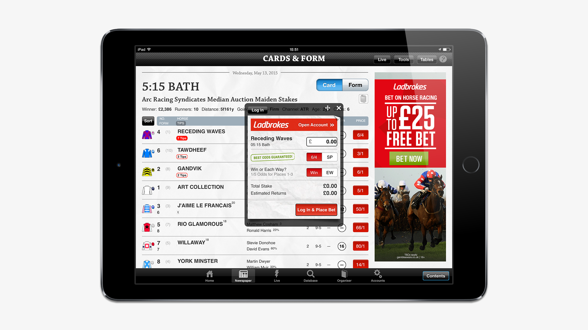 Bet slip overlay on the Daily Edition iPad app