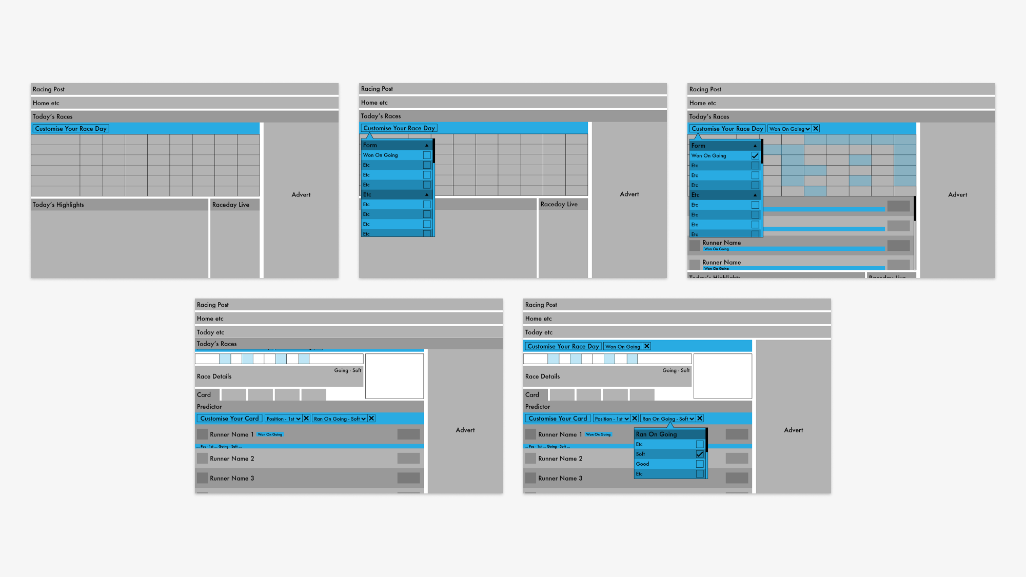 Early wireframes for the site-wide race day filter system