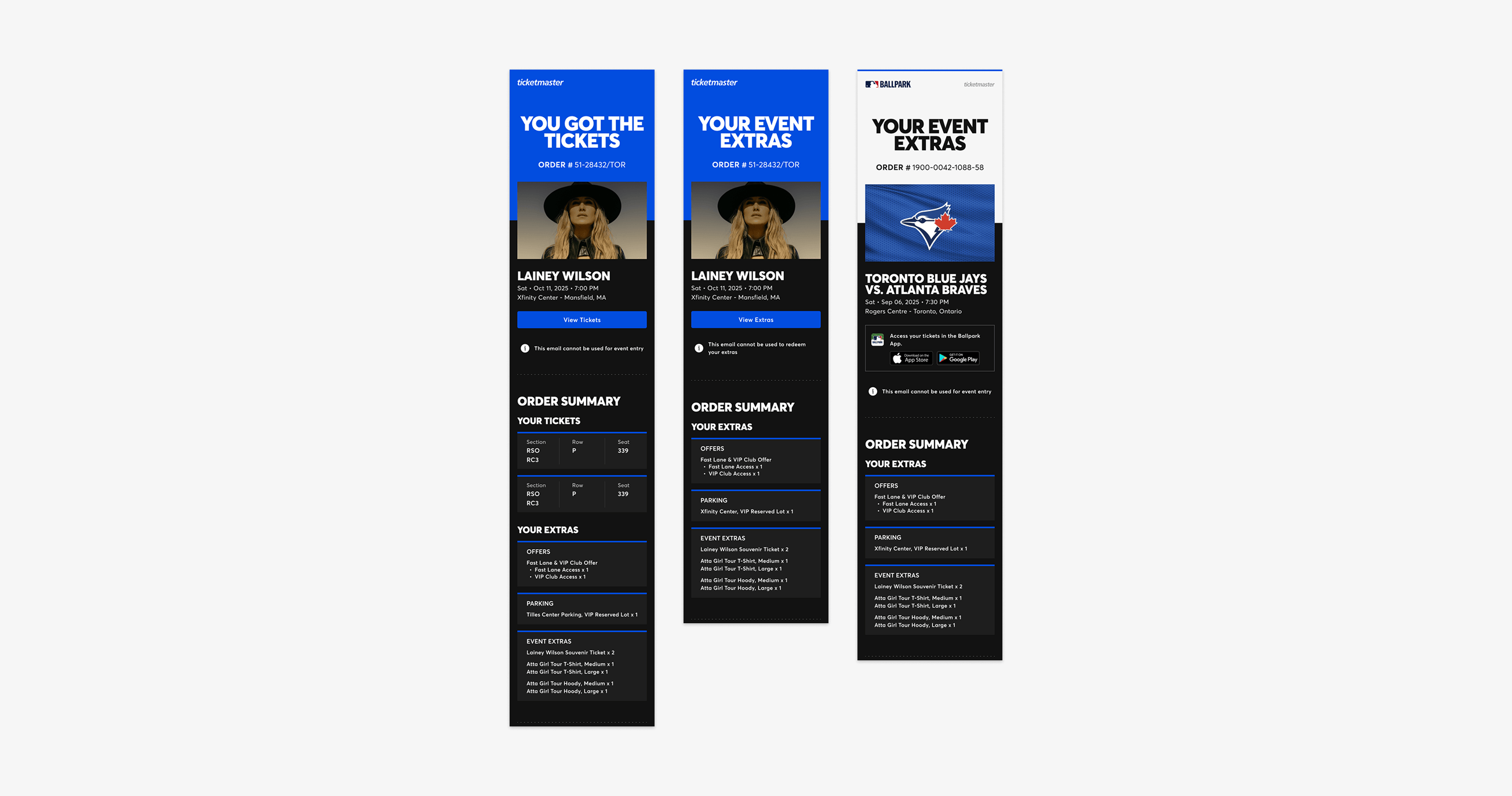 Final ELP design showing order confirmation screens with purchased extras, including the MLB Ballpark app variant